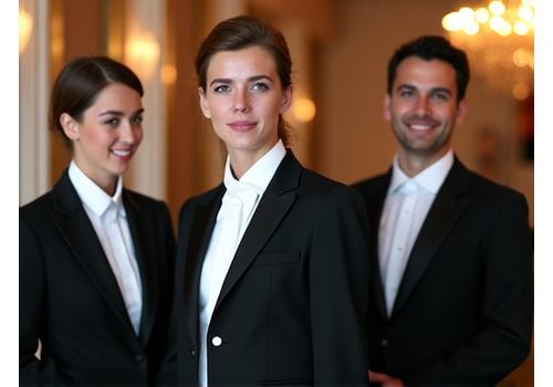 Une équipe de serveurs professionnels en uniforme élégant, souriants et discrets, se préparant à servir lors d'une réception. L'ambiance est ordonnée et sophistiquée.