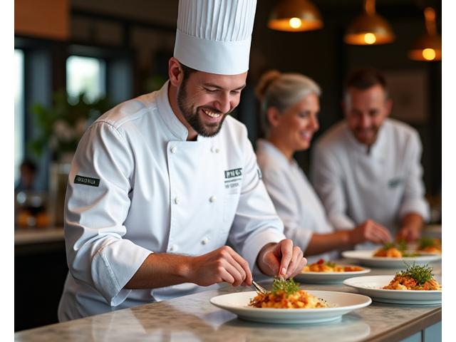 Un chef en toque blanche, souriant, dresse une assiette complexe devant des invités ravis lors d'une réception privée intime. La cuisine est visiblement ouverte et moderne.