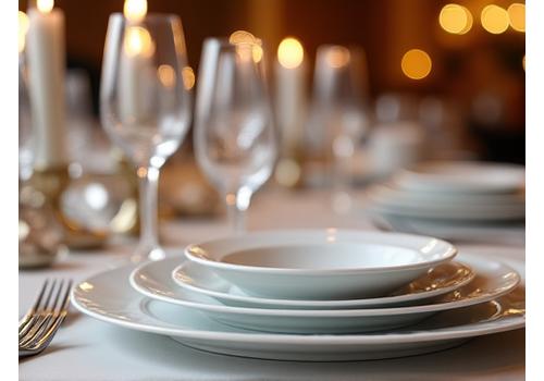 Gros plan sur une table élégamment dressée avec des assiettes en porcelaine fine, des verres à vin en cristal et des couverts en argent brillant, reflétant un éclairage doux.